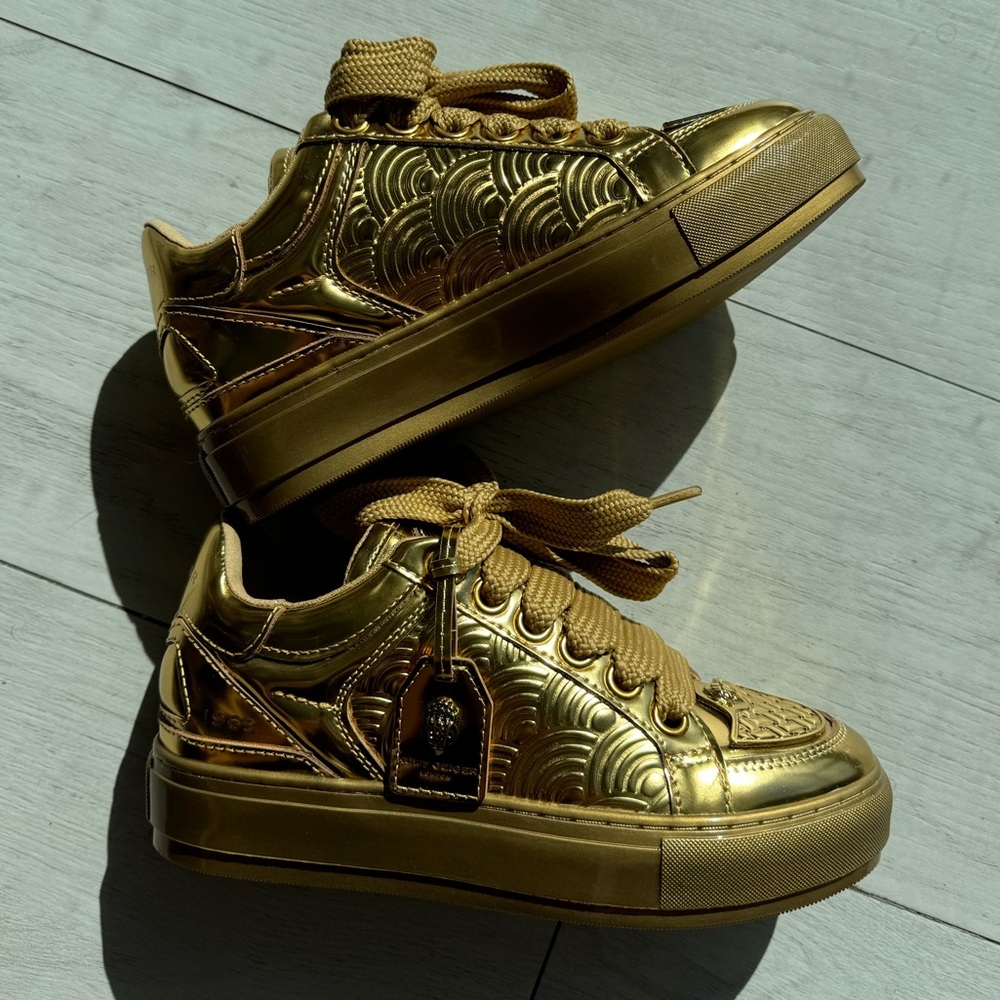 Gold leather Kurt Geiger London Southbank Tag Liquid Metal Drench Sneakers -